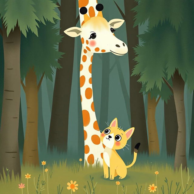 In a whimsical forest, a cute little yellow cat is gazing up with wonder at an adorable giraffe towering above