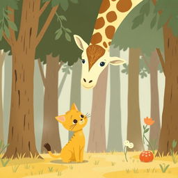 In a whimsical forest setting, a cute little yellow cat is gazing up at an adorable giraffe