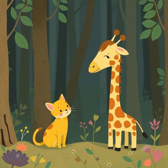 In a whimsical forest setting, a cute little yellow cat is gazing up at an adorable giraffe