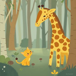 In a whimsical forest setting, a cute little yellow cat is gazing up at an adorable giraffe