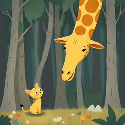 In a whimsical forest setting, a cute little yellow cat is gazing up at an adorable giraffe