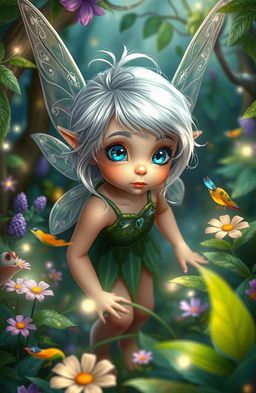 A young fairy with shiny silver hair and bright blue eyes, embodying curiosity and bravery