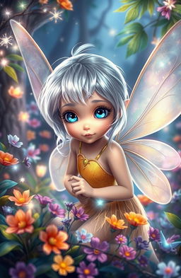 A young fairy with shiny silver hair and bright blue eyes, embodying curiosity and bravery