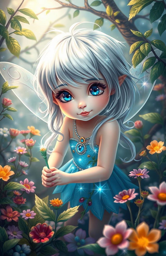 A young fairy with shiny silver hair and bright blue eyes, embodying curiosity and bravery