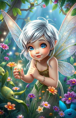 A young fairy with shiny silver hair and bright blue eyes, embodying curiosity and bravery