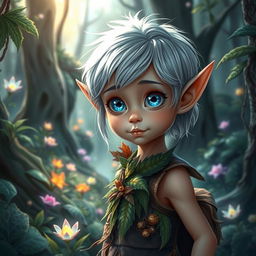 A curious and brave young elf with shiny silver hair and bright blue eyes, exploring a magical forest