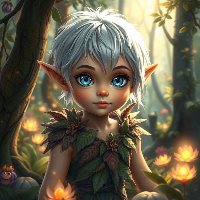 A curious and brave young elf with shiny silver hair and bright blue eyes, exploring a magical forest