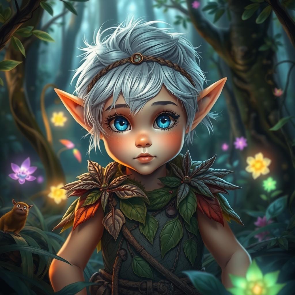 A curious and brave young elf with shiny silver hair and bright blue eyes, exploring a magical forest