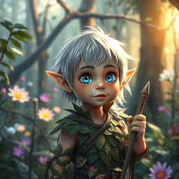 A curious and brave young elf with shiny silver hair and bright blue eyes, exploring a magical forest