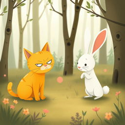 In a whimsical forest, a cute little yellow cat and an adorable small white rabbit are having a playful argument