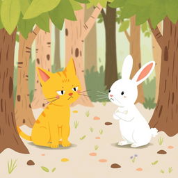 In a whimsical forest, a cute little yellow cat and an adorable small white rabbit are having a playful argument
