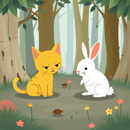 In a whimsical forest, a cute little yellow cat and an adorable small white rabbit are having a playful argument