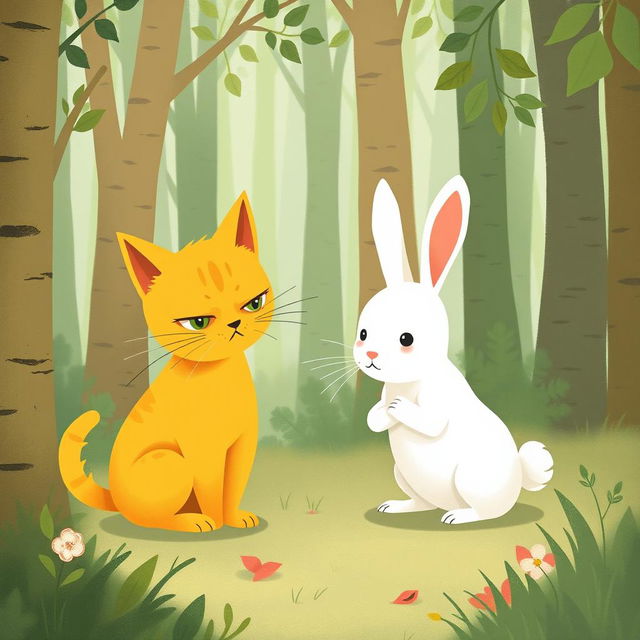 In a whimsical forest, a cute little yellow cat and an adorable small white rabbit are having a playful argument