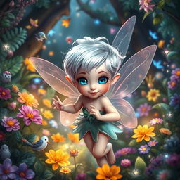 A beautiful young fairy with shiny silver hair and bright blue eyes, embodying curiosity and bravery