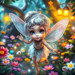 A beautiful young fairy with shiny silver hair and bright blue eyes, embodying curiosity and bravery
