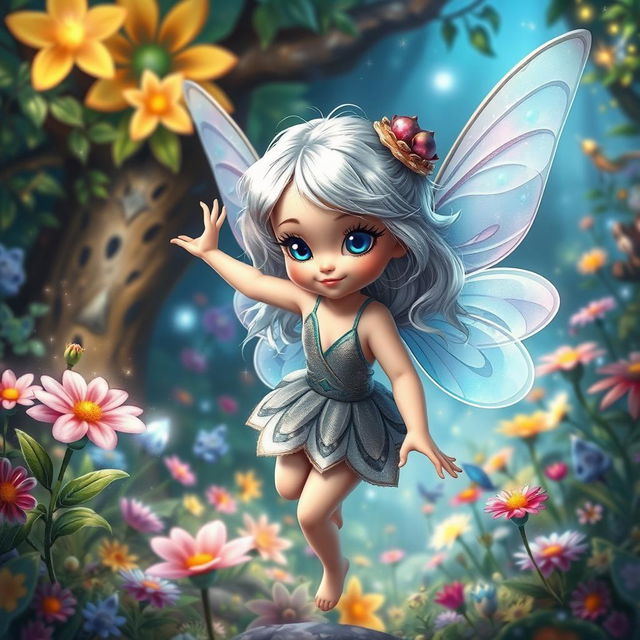 A beautiful young fairy with shiny silver hair and bright blue eyes, embodying curiosity and bravery