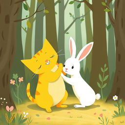 In a whimsical forest, a cute little yellow cat and an adorable small white rabbit are playfully wrestling with each other
