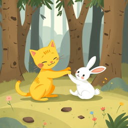 In a whimsical forest, a cute little yellow cat and an adorable small white rabbit are playfully wrestling with each other