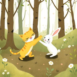 In a whimsical forest, a cute little yellow cat and an adorable small white rabbit are playfully wrestling with each other