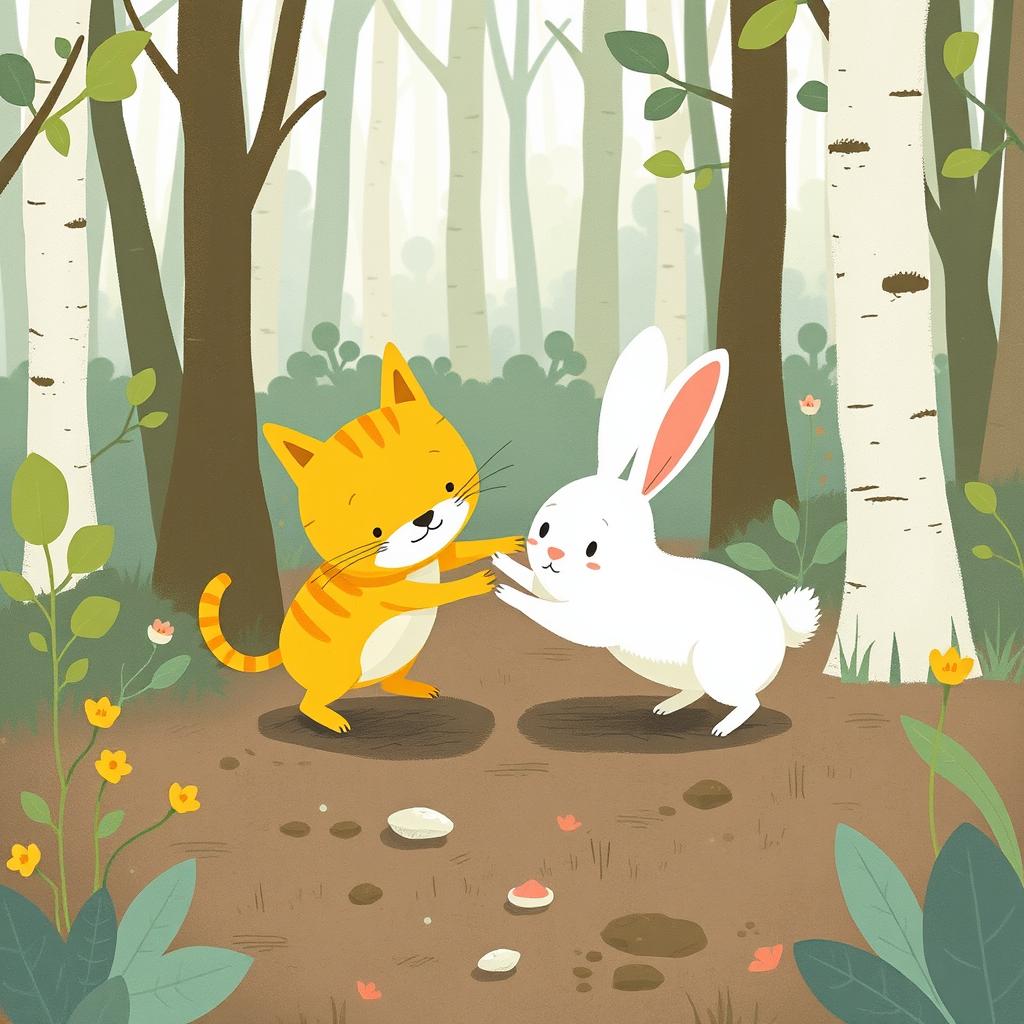 In a whimsical forest, a cute little yellow cat and an adorable small white rabbit are playfully wrestling with each other