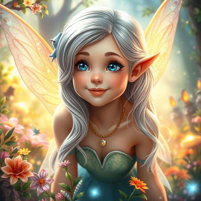 A beautiful fairy with shiny silver hair and bright blue eyes, who loves to explore a magical forest