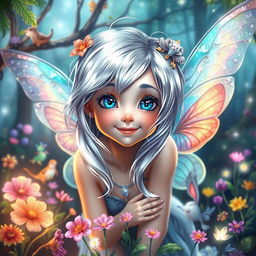 A beautiful fairy with shiny silver hair and bright blue eyes, who loves to explore a magical forest