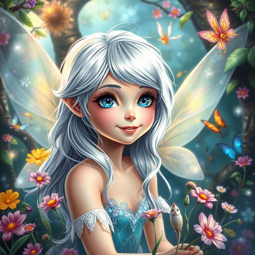 A beautiful fairy with shiny silver hair and bright blue eyes, who loves to explore a magical forest