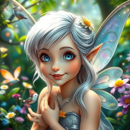 A beautiful fairy with shiny silver hair and bright blue eyes, who loves to explore a magical forest