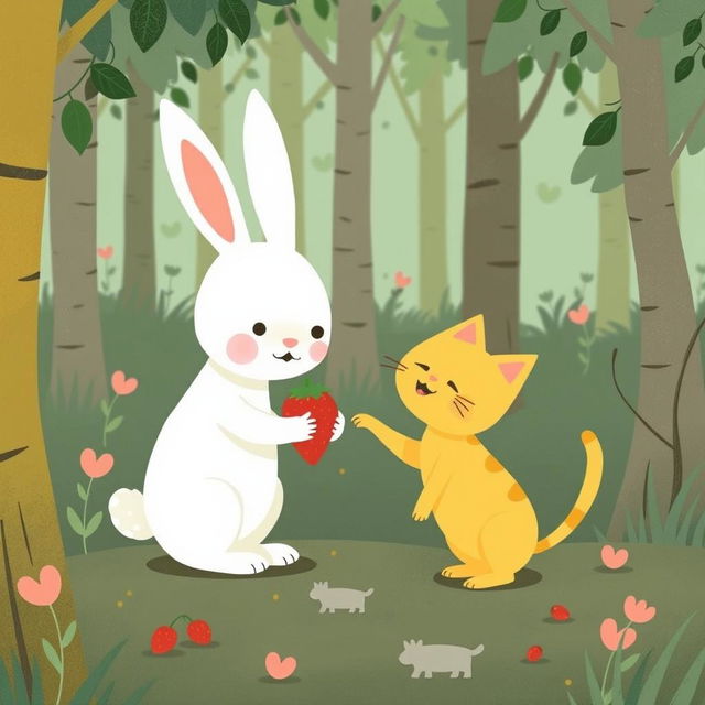 In a whimsical forest, a cute little white rabbit is smiling as it hands a strawberry to an adorable little yellow cat