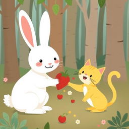In a whimsical forest, a cute little white rabbit is smiling as it hands a strawberry to an adorable little yellow cat