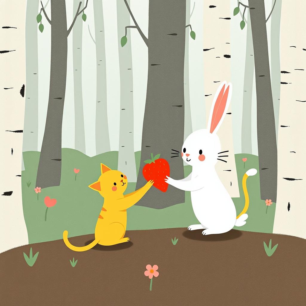In a whimsical forest, a cute little white rabbit is smiling as it hands a strawberry to an adorable little yellow cat