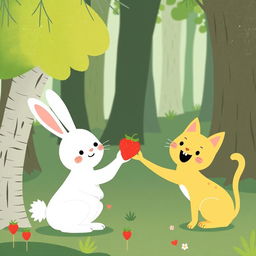 In a whimsical forest, a cute little white rabbit is smiling as it hands a strawberry to an adorable little yellow cat