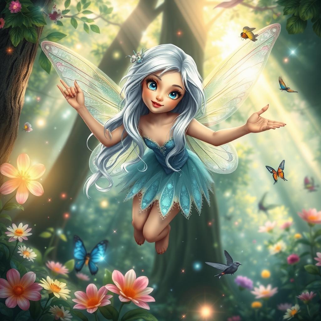 A beautiful fairy with shiny silver hair and bright blue eyes, who loves to explore a magical forest