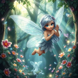 A beautiful fairy with shiny silver hair and bright blue eyes, who loves to explore a magical forest