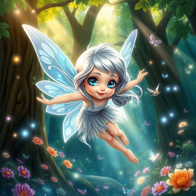 A beautiful fairy with shiny silver hair and bright blue eyes, who loves to explore a magical forest