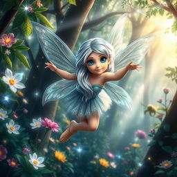 A beautiful fairy with shiny silver hair and bright blue eyes, who loves to explore a magical forest