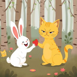 In a whimsical forest, a cute little white rabbit, with a big cheerful smile, is offering a strawberry to an adorable little yellow cat, who, despite the friendly gesture, still looks quite angry with its ears flattened back