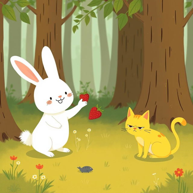 In a whimsical forest, a cute little white rabbit, with a big cheerful smile, is offering a strawberry to an adorable little yellow cat, who, despite the friendly gesture, still looks quite angry with its ears flattened back