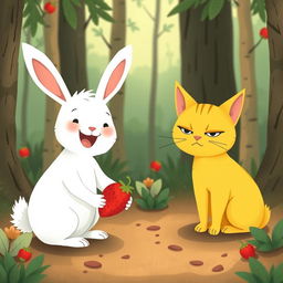 In a whimsical forest, a cute little white rabbit, with a big cheerful smile, is offering a strawberry to an adorable little yellow cat, who, despite the friendly gesture, still looks quite angry with its ears flattened back