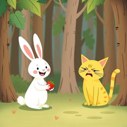 In a whimsical forest, a cute little white rabbit, with a big cheerful smile, is offering a strawberry to an adorable little yellow cat, who, despite the friendly gesture, still looks quite angry with its ears flattened back