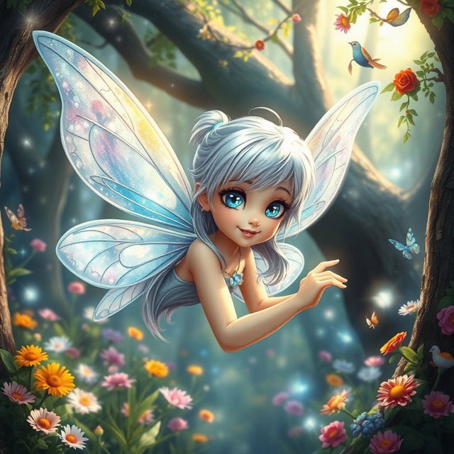 A beautiful fairy with shiny silver hair and bright blue eyes, joyfully exploring a magical forest