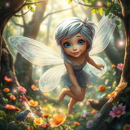 A beautiful fairy with shiny silver hair and bright blue eyes, joyfully exploring a magical forest