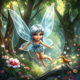 A beautiful fairy with shiny silver hair and bright blue eyes, joyfully exploring a magical forest