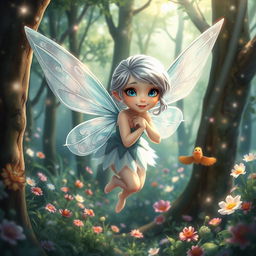A beautiful fairy with shiny silver hair and bright blue eyes, joyfully exploring a magical forest