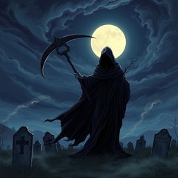 A hauntingly beautiful illustration of Death personified, depicted as a slender figure cloaked in a dark, flowing robe, holding a glowing scythe