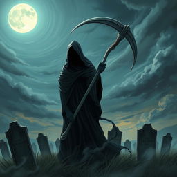 A hauntingly beautiful illustration of Death personified, depicted as a slender figure cloaked in a dark, flowing robe, holding a glowing scythe