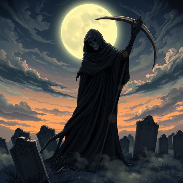 A hauntingly beautiful illustration of Death personified, depicted as a slender figure cloaked in a dark, flowing robe, holding a glowing scythe