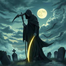 A hauntingly beautiful illustration of Death personified, depicted as a slender figure cloaked in a dark, flowing robe, holding a glowing scythe