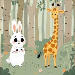 In a whimsical forest, a cute little white rabbit and an adorable giraffe are standing together with expressions of helplessness and confusion