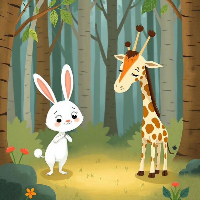 In a whimsical forest, a cute little white rabbit and an adorable giraffe are standing together with expressions of helplessness and confusion